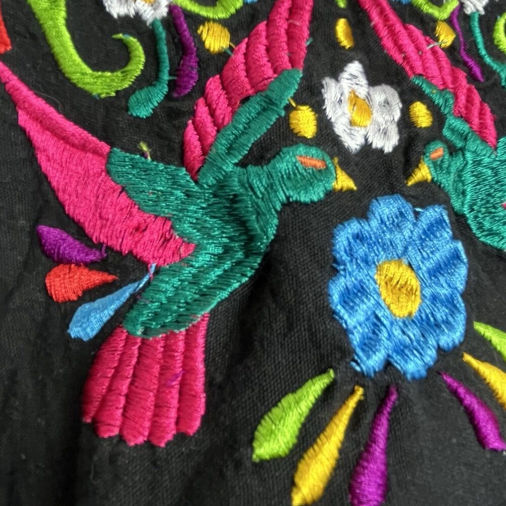 Mexican Embroidered Blouse Black Floral Boho Tunic M Handmade Oaxaca - Picture 10 of 16